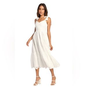 NWT Lulu’s Perfect Vacation White Eyelet Embroidery Tie-Strap Midi Dress XS